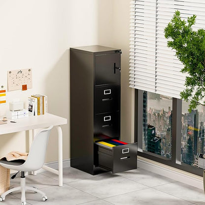 3 Drawer Metal Locking File Cabinet with 1 Door Heavy Duty Lockable Filing Cabinets Home Office Steel File Cabinet Black Vertical File Cabinets for Legal/Letter Size File,Assembly Required