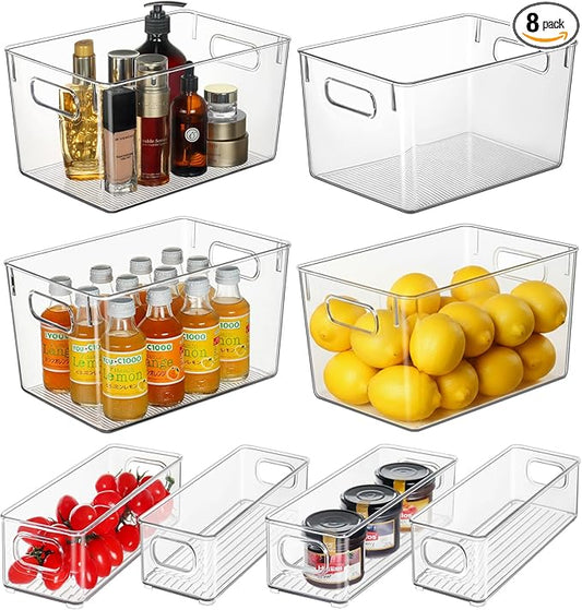 Hudgan 8 Packs Refrigerator Organizers and Storage，4 Large Clear Plastic Bins and 4 Small Stackable Clear Containers for Home Edit, Kitchen Cabinet, Freezer, Bathroom, Office, Drawer