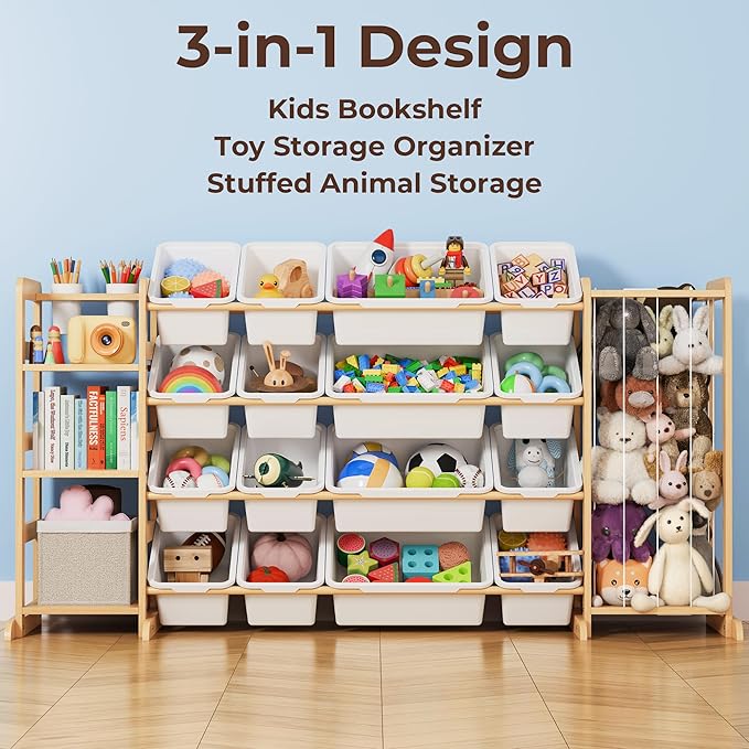 Storage Organizer with Bookshelf and Stuffed Animal Storage - Playroom Organization with Shelves and 12 Bins - Living Room Box for Lego - Bedroom Decor Essentials