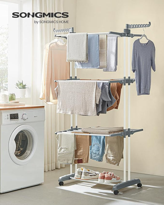 SONGMICS Clothes Drying Rack Stand 4-Tier, Foldable Laundry Drying Rack 68.1-Inch Tall, Steel, Rolling Clothes Horses Dryer Rack, Easy to Assemble, Indoor Outdoor Use, White ULLR701W01
