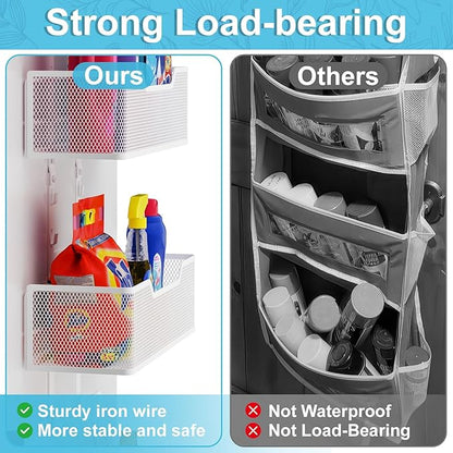 Adjustable Over The Door Organizer, Hanging Door Storage with PVC Pocket and 4 Metal Baskets Wall Mount, Closet Door Organizer Behind Door Rack for Bathroom Bedroom Closet, White