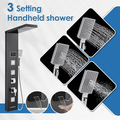 ROVOGO Shower Panel Tower System with LED Lights - No Battery Needed, Shower Column with Rainfall Waterfall Shower, Body Jets, Handheld Shower, Tub Spout and Temp Display, Black