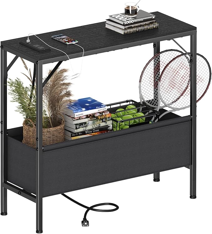 31.5" Console Table, 9.5" D Entryway Table with Power Outlets & USB Ports & Fabric Basket, Narrow Sofa Table for Hallway, Foyer, Living Room, Black