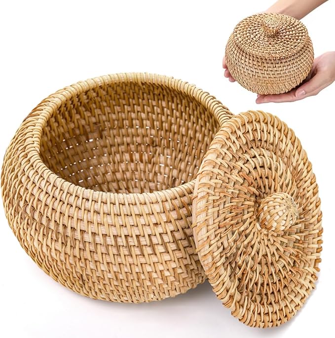 Small Rattan Basket Box with Lid, Round Handmade Woven Storage Basket, Multi-purpose Wicker Bowl Decorative Organizer for Shelf, Home, Bathroom Decor