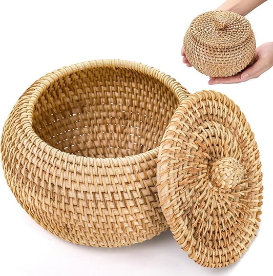 Small Rattan Basket Box with Lid, Round Handmade Woven Storage Basket, Multi-purpose Wicker Bowl Decorative Organizer for Shelf, Home, Bathroom Decor