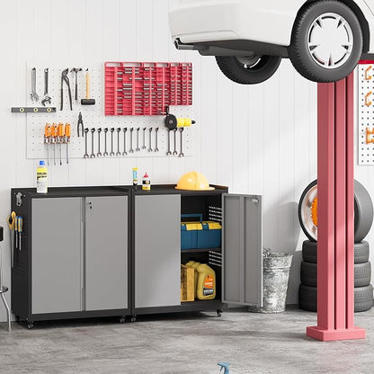 Garage Storage Cabinet with Wheels, Metal Storage Cabinets for Hanging Tools, Rolling Tool Cabinet, 34''H Heavy Duty & Rust Resistant Storage Cabinet for Garage, Warehouse, Office