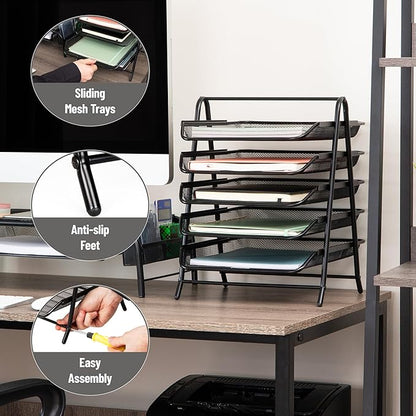 Mind Reader 5-Tier Paper Tray Organizer, Vertical Desktop File Storage Rack, Office, Metal Mesh, Black