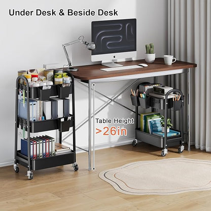 2 Tier Rolling Cart Metal on Wheels, Two Tiered Short Storage Side Table with Wheels, Heavy Duty Under Desk Mobile Trolley, Small Utility Organizer Carts for Craft, Art, Office, Kitchen, Black Basket