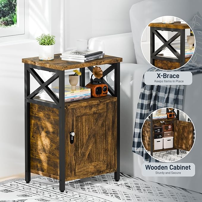 Night Stand with Locking Drawer, Bedside Table with Drawers, Wooden Bed Side Table with Storage Cabinet, Nightstand with Door, End Night Table for Bedroom, Dorm, Office, Rustic Brown