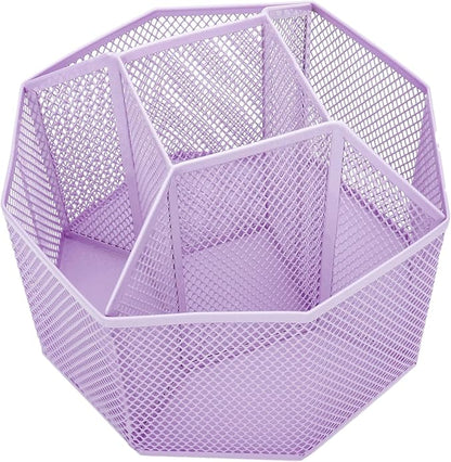 Annova Mesh Desk Organizer Rotate with 5 Compartments Spinning Tidy Candy/Pen Holder Office, Art Supply, Storage, Classroom, Home (Light Purple)