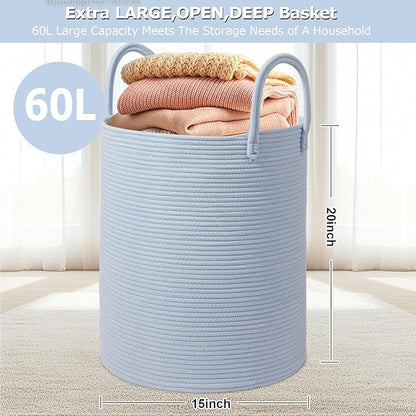 Large Woven Laundry Basket Hamper,60L Cotton Rope Storage Basket for Blankets in living room,Decorative Tall Nursery Hamper for Toys and Clothes,Baby Basket,Blue