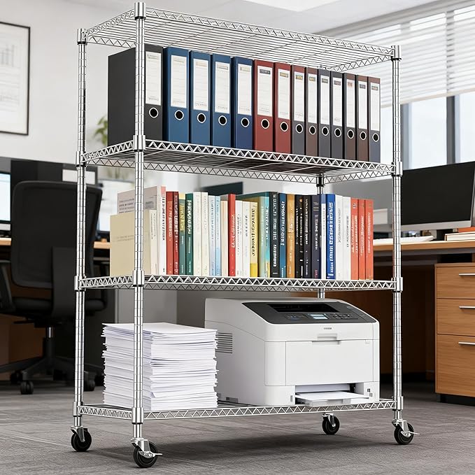 1400LBS 47.2" W 4 Tiers Storage Shelves Metal Shelving Unit with Wheels Heavy Duty Garage Shelving Adjustable Wire Shelves for Pantry,Kitchen,Garage,Basement,Chrome 17.7" D x 47.2" W x 62.6" H