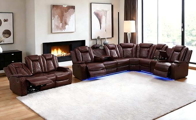 Leather Power Recliner Sectional Sofa, Brown Power Sectional Sofa Sets, LED Reclining Couch Set for Living Room, L-Shaped Couch with LED, Read Light, Arm Storage & Cup Holders for Home/Office