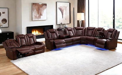 Leather Power Recliner Sectional Sofa, Brown Power Sectional Sofa Sets, LED Reclining Couch Set for Living Room, L-Shaped Couch with LED, Read Light, Arm Storage & Cup Holders for Home/Office