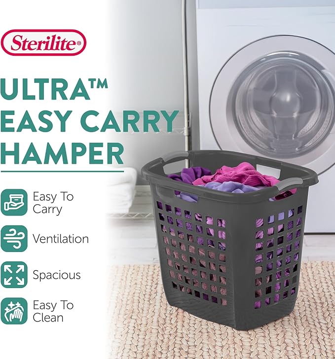 Sterilite 4-Pack 2.1 Bushel Ultra Easy Carry Hamper, Laundry Basket Organizer, Flat Gray - Large Plastic Clothes Bin for Home, Dorm, Bathroom, and Bedroom Organization