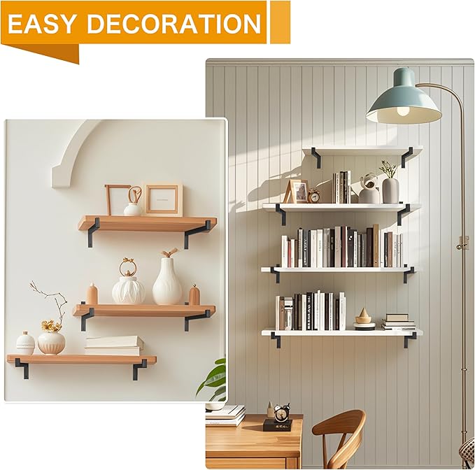 EZYDECOR 6 Pcs Heavy Duty Shelf Brackets 8 Inch Wall Mounted Industrial Metal Shelving Supports with Lip