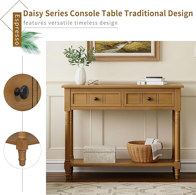 35.34" Console Table Traditional Design with Two Drawers and Bottom Shelf,Natural
