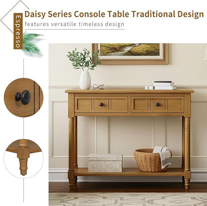 35.34" Console Table Traditional Design with Two Drawers and Bottom Shelf,Natural