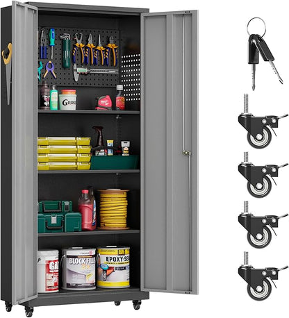 Garage Storage Cabinet with Wheels, Metal Storage Cabinet with 2 Doors and Adjustable 4 Shelves for Garage, Basement, Warehouse, Office, Gray, Assembly Required