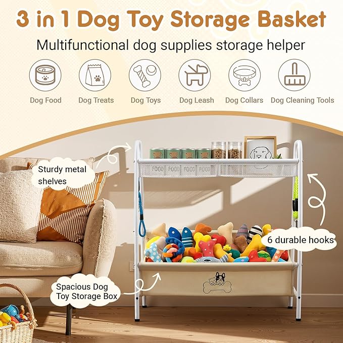 Zonon Large 2 Tier Dog Toy Organizer Basket Metal Pet Storage Bin with Collar Leash Holder Hook,Trapezoid Pet Toy Box for Food, Snacks & Accessories, Holder Chest for Dog & Cat Essential Supplies