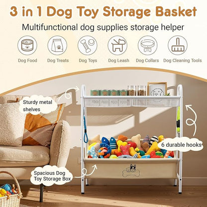 Zonon Large 2 Tier Dog Toy Organizer Basket Metal Pet Storage Bin with Collar Leash Holder Hook,Trapezoid Pet Toy Box for Food, Snacks & Accessories, Holder Chest for Dog & Cat Essential Supplies