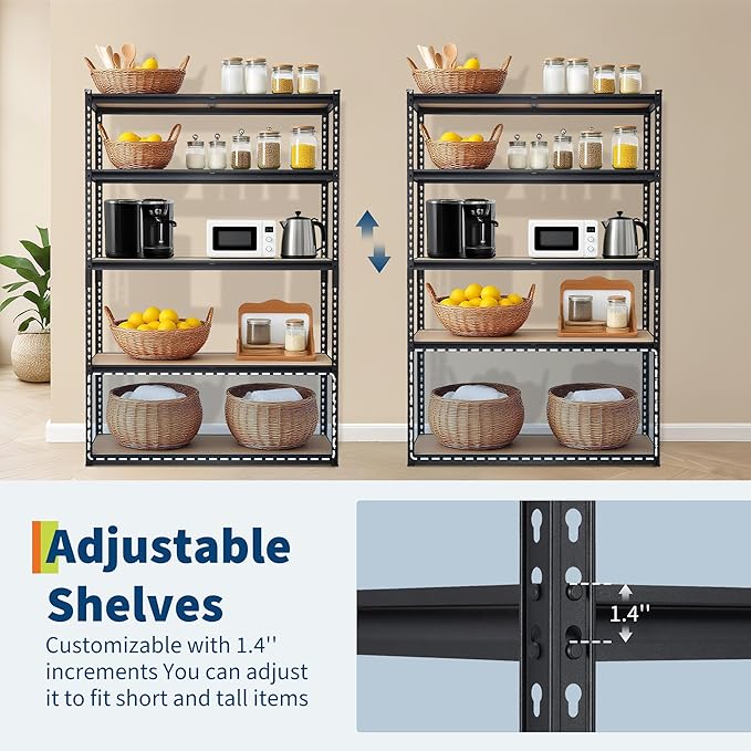Garage Storage Shelves 5 Tiers, Heavy Duty Storage Shelving Racks with 2000 LBS Capacity, 30 in L x 12 in W x 60 in H Metal Adjustable Shelving Unit for Kitchen Pantry Basement Bathroom Laundry