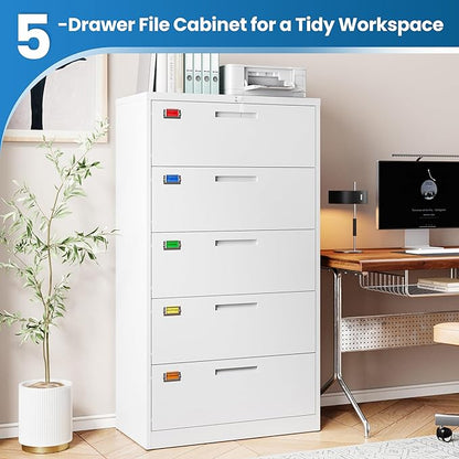 5 Drawer File Cabinet, Lateral Filing Cabinets for Home Office, Office Storage Drawers with Lock, Hanging Files Legal/Letter A4 Size (Assemble Required,White)