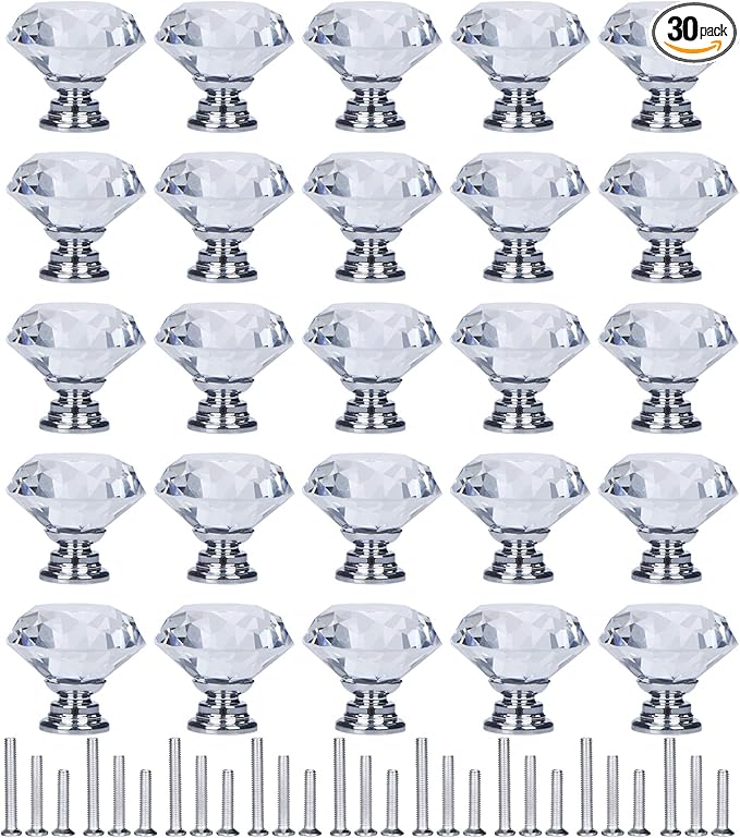 YourGift 30 Pack Drawer Knobs Diamond Shaped Crystal Glass 30mm Cabinet Knobs Pull Handle (30 mm, 30 Pack, Silver)