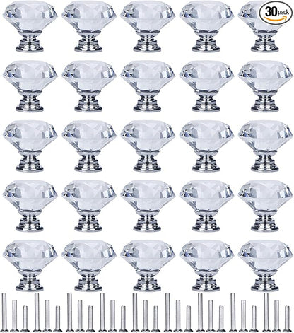 YourGift 30 Pack Drawer Knobs Diamond Shaped Crystal Glass 30mm Cabinet Knobs Pull Handle (30 mm, 30 Pack, Silver)