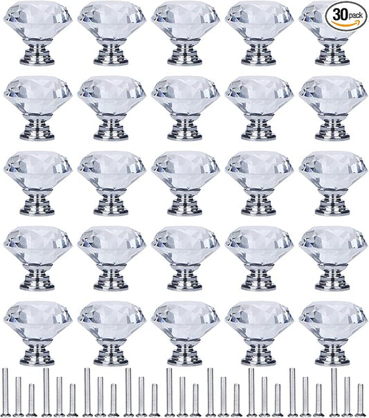 YourGift 30 Pack Drawer Knobs Diamond Shaped Crystal Glass 30mm Cabinet Knobs Pull Handle (30 mm, 30 Pack, Silver)