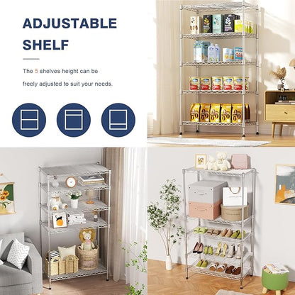 5-Tier Heavy Duty Metal Shelf,Chrome Wire Shelving Unit 35" Wx18 Dx71 H,Height Adjustable Storage Wire Shelves with Lockable Wheels for Garage,Kitchen,Office,Bathroom,Studio