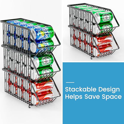 Stackable Soda Can Organizer Rack, Stacking Can Dispensers Refrigerator Organizer Bins Pop Soda Dispenser Canned For Fridge, Freezer, Kitchen, Cabinets (Black, 6)