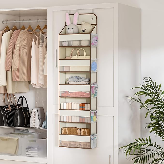 LAMU 5-Tier Over The Door Organizer Hanging, Swing - Proof Closet Behind Door Storage for Baby Clothes, Back of Door Organizers for Bedroom, Nursery and Bathroom, Beige, 1 Pack