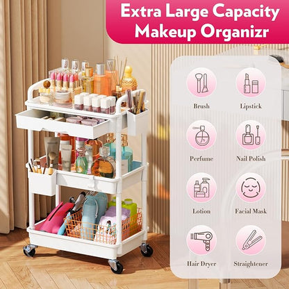 Makeup Cart Organizer with Drawers, Floor Skincare Organizers Vanity Storage Organizer, Rolling Makeup Bathroom Storage Cart Cosmetics Display Cases for Skin Care Perfume Nail Polish, White