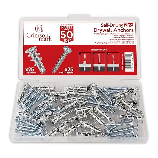 50Pcs Metal Self Drilling Drywall Anchors and Screws kit #8 x 1-1/4”- Superb Wall Anchors for Drywall, Holds Upto 50lbs – No Drill Hole Required with These Dry Wall Screws and Anchors