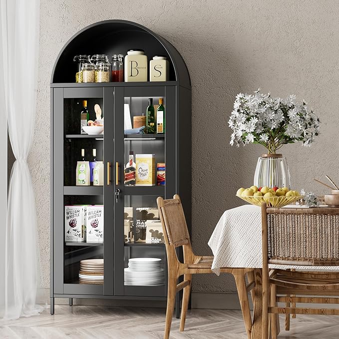 78.74" H Metal Arched Cabinet with Lock and LED Light Strip, Metal Display Cabinet with Glass Doors and Adjustable Shelves,Suitable for Dining Room, Home, Assembly Required,Black