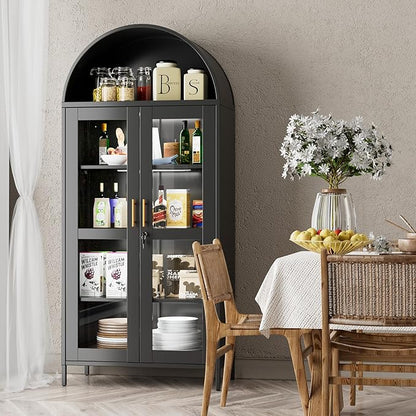 78.74" H Metal Arched Cabinet with Lock and LED Light Strip, Metal Display Cabinet with Glass Doors and Adjustable Shelves,Suitable for Dining Room, Home, Assembly Required,Black