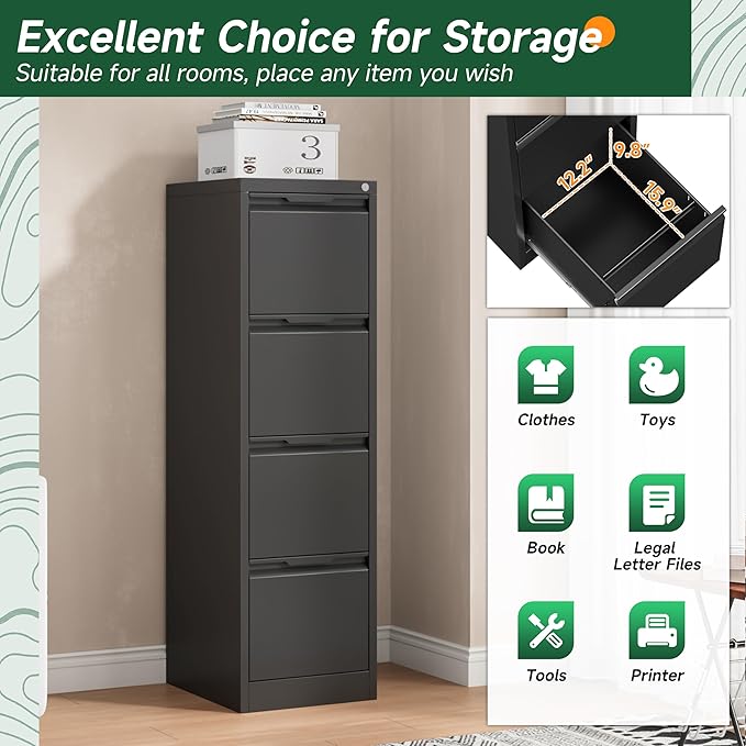 4 Drawer File Cabinet, Tall Vertical Filing Cabinets for Home Office, Locking Metal File Cabinet for Letter/Legal/A4/F4 Size, Assemble Required