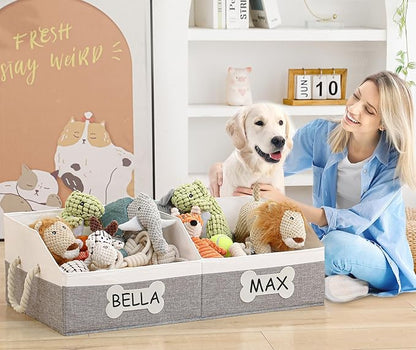 Beveetio Large Dog Toy Basket, Collapsible Fabric Dog Toy Bin with Removable Divider & DIY Tags, Trapezoid Storage Box with Rope Handles for Pet Supplies, Perfect for Living Room Storage-Grey&White