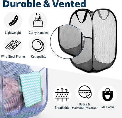 SHENLIU 6 Pcs Popup Mesh Laundry Baskets, Collapsible Portable Clothes Washing Laundry Hampers with Carry Handles, Clothes Hamper for Home, Travel, College Dorm, 14.6 x 22.8 Inch (Gray, Black, White)