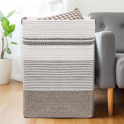DOFASAYI Laundry Basket - 85L Large Cotton Rope Blanket Basket with Leather Handles, Decorative Storage Hamper, Clothes Hamper for Living Room, Bedroom, Rice Brown & White