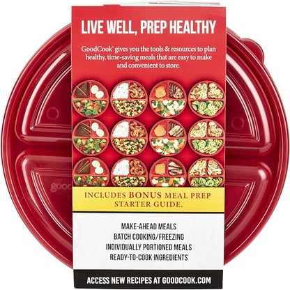 GoodCook Meal Prep Containers Set Microwave & Dishwasher-Safe Round Food Organizers with Labeled Compartments BPA-Free Food Storage Set with Snap Shut Lids Portion Control, 10-Pieces, Red