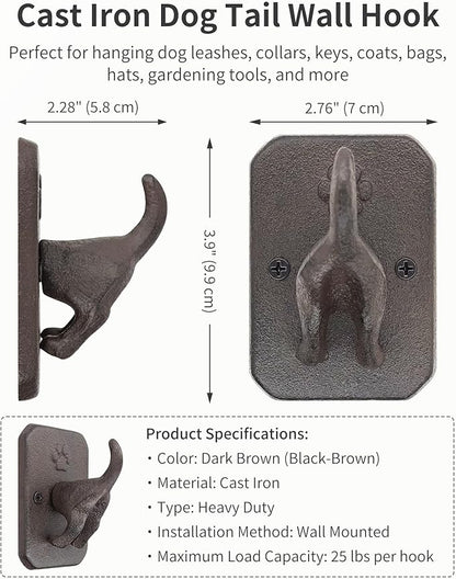 Cast Iron Dog Tail Wall Hooks - Heavy Duty Rustic Dog Leash Holder, Wall Mount Coat Hook for Hanging Key Towel Collar, Decorative Puppy Butt Paw Hanger for Farmhouse Entryway Mudroom, 2 Pack