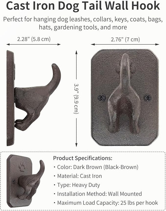 Cast Iron Dog Tail Wall Hooks - Heavy Duty Rustic Dog Leash Holder, Wall Mount Coat Hook for Hanging Key Towel Collar, Decorative Puppy Butt Paw Hanger for Farmhouse Entryway Mudroom, 2 Pack