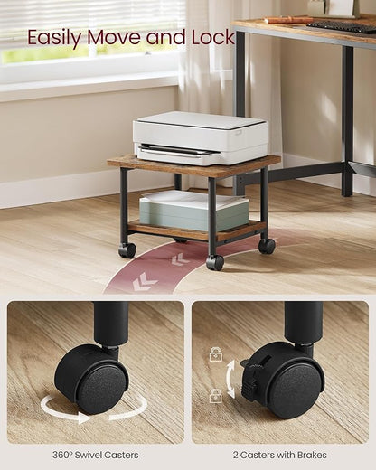 VASAGLE Printer Stand with Locking Wheels, 2-Tier Shelf, Industrial Under Desk Heavy-Duty Mobile Cart for Home Office, Rustic Brown and Black UOPS002B01