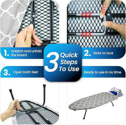 Metal Mesh Panel Tabletop Ironing Board | Foldable Iron Board | Heavy Duty Small Iron Board with Heat Resistant Cover and 100% Cotton 8mm Thicken Pad (Mesh)