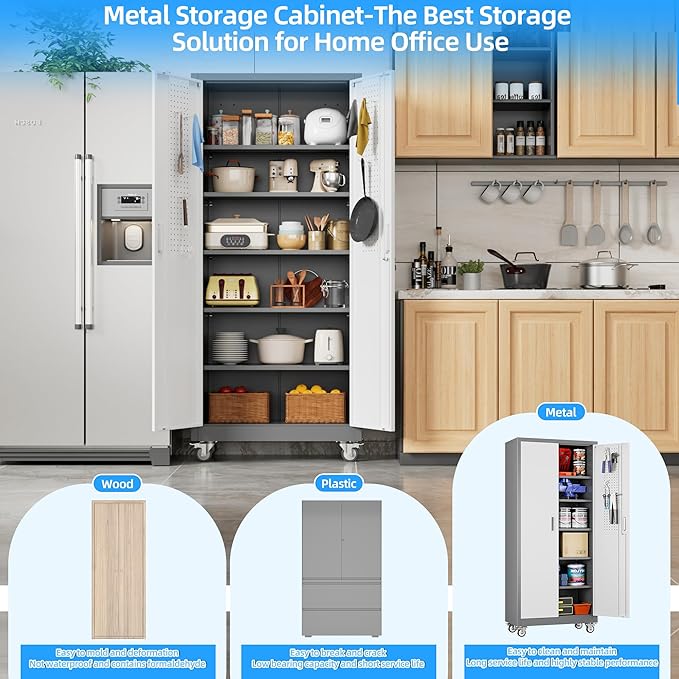 71" H Garage Storage Cabinet with Wheels, Lockable Metal Storage Cabinet with Doors,5 Adjustable Shelves and Pegboard for Garage Home Utility Room,Required Assembly,Grey&White