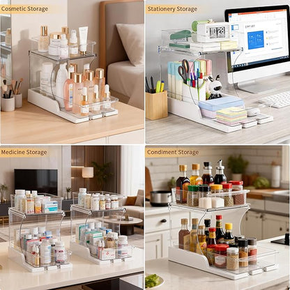 Attelite Pull Out Cabinet Organizer, 2 Tier Bathroom Counter Organizer with 180° Rotating and Foldable Design, Sliding Drawers Clear Spice Rack Organizer for Cabinet, Under Sink Organizer