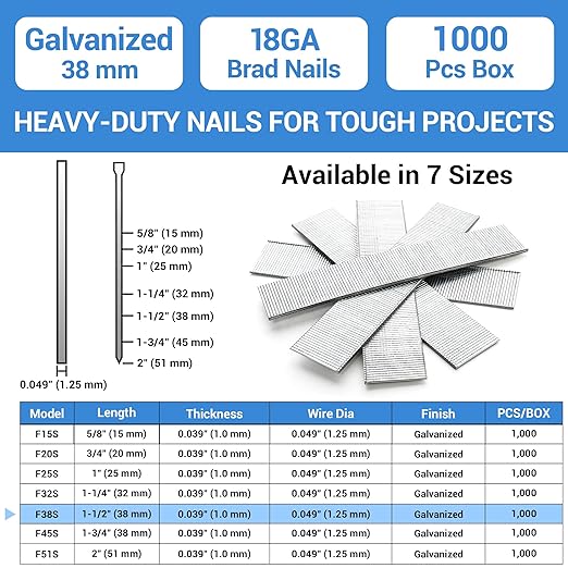meite 18 Gauge Brad Nails, 1-1/2 Inch 18GA Brad Nails Galvanized Small Finishing Nail Gun Nails for Pneumatic, Electric Brad Nailer Gun (1,000 Counts)
