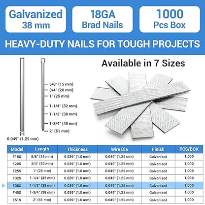 meite 18 Gauge Brad Nails, 1-1/2 Inch 18GA Brad Nails Galvanized Small Finishing Nail Gun Nails for Pneumatic, Electric Brad Nailer Gun (1,000 Counts)